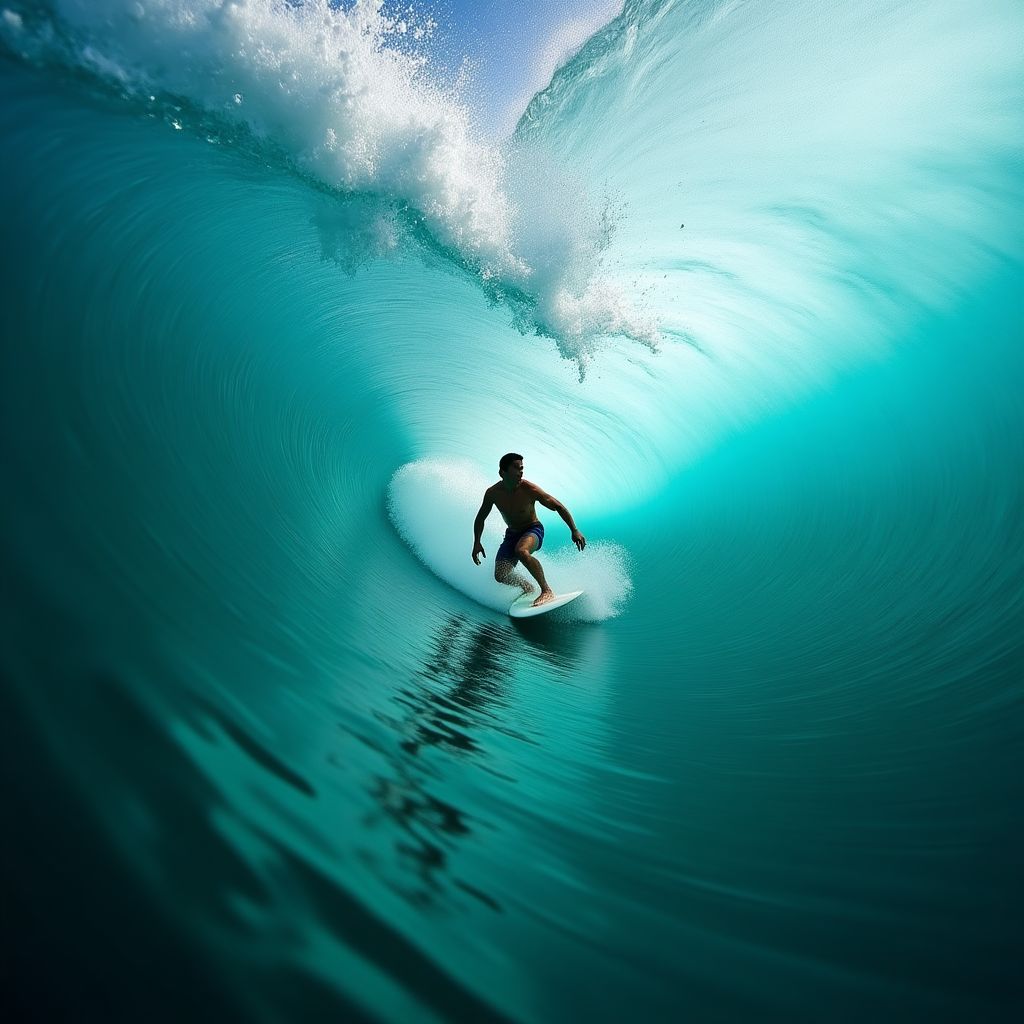 Surfer inside a perfect barrel wave